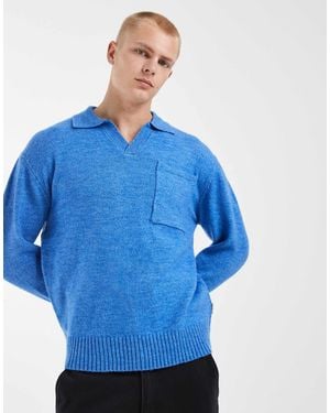 Redefined Rebel Boxy Oversized V-neck Knitted Jumper With Collar - Blue