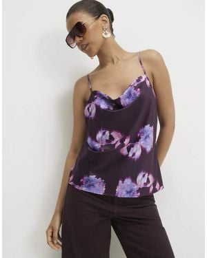 River Island Satin Floral Cowl Neck Cami Top - Purple