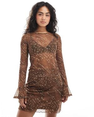 Pieces Flare Sleeve Bambi Print Mesh Top Co-ord - Brown
