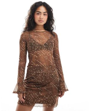 Pieces Flare Sleeve Print Mesh Top Co-ord - Brown