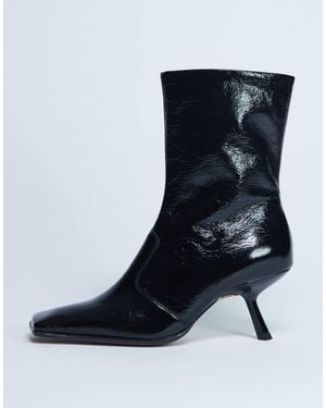 TOPSHOP Sienna Premium Leather Square Toe Mid Heel Boot - Black