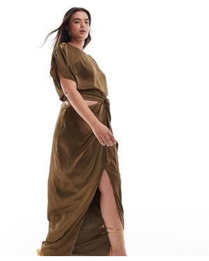 Tfnc Plus Satin Maxi Dress With Knot Cut-out Waist - Brown