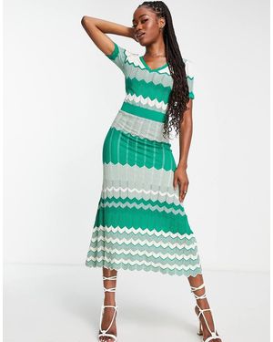 Morgan Knitted Contrast Panel Cap Sleeve Midi Dress - Green