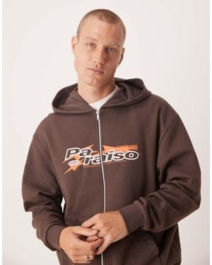 ASOS Zip Through Hoodie With Sporty Print - Brown