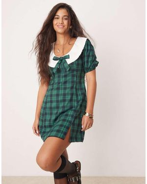 Neon Rose Tartan Collar Detail Puff Sleeve Mini Dress - Green