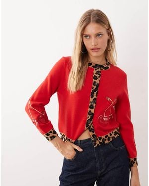 Never Fully Dressed Contrast Leopard Embroidered Cherry Cardigan