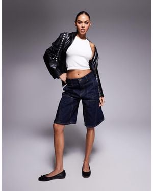 Courtside Panel Detail Denim Jorts With Back Pocket Logo Embroidery - Blue