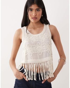 Y.A.S Floral Embroidered Tassle Hem Top - White