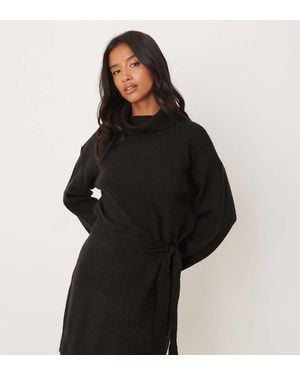 Vila Tie Waist High Neck Knitted Mini Dress - Black