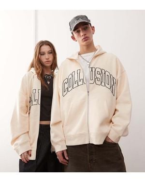 Collusion Unisex Varsity Embroidered Zip Through Hoodie - Natural