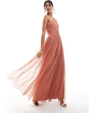 LACE & BEADS Bridesmaid One Shoulder Waterfall Ruffle Maxi Dress - Pink