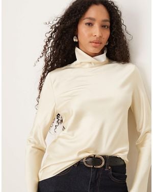 Mango Capsule High Neck Long Sleeve Satin Top - Natural
