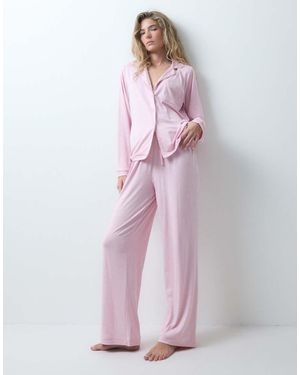 Loungeable Superzachte Jersey Pyjamaset Met Revers En Wijde Pijpen - Roze
