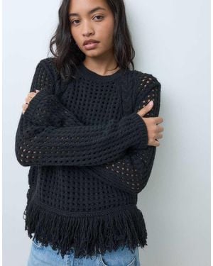 ASOS Gebreide Trui Met Kabeldetail En Franjerand - Blauw