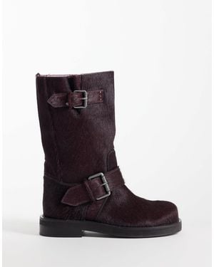 ASOS Calamity Hair On Real Leather Pull On Biker Knee Boots - Multicolour