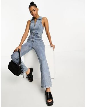 Urban Revivo Sleeveless Denim Jumpsuit With Zip Front - Blue
