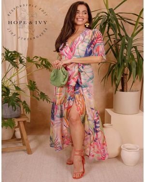 Hope & Ivy The Leah Flutter Sleeve Maxi Wrap Dress With Tie Waist - Brown