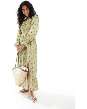 Miss Selfridge Linen Printed Bardot Maxi Dress - Metallic