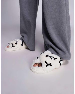 River Island Plush Cross Strap Slippers With Bows - Metallic