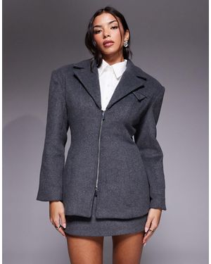Wanderdoll Wander Doll Hansa Wool Blend Structured Cinch Waist Zip-through Blazer - Grey