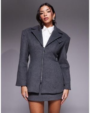 Wanderdoll Wander Doll Hansa Wool Blend Structured Cinch Waist Zip-through Blazer - Gray