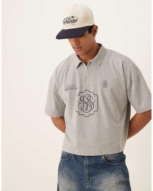 ASOS Polo Oversize Corta Pesante Da 300 Gsm Mélange Con Logo Ricamato - Grigio
