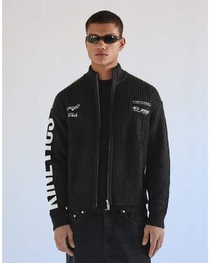 Bershka Embroidered Zip-up Knit Jacket - Black