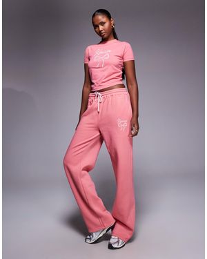 Kaiia Embroidered Bow Logo Wide Leg Trackies - Pink
