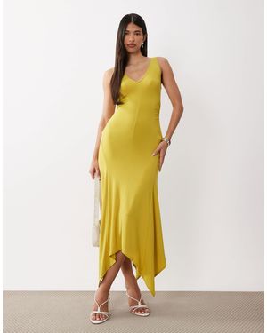 ASOS V Neck Hanky Hem Soft Slinky Midi Dress - Yellow