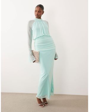 DASKA Mesh Drape Long Sleeve High Neck Maxi Dress - Green
