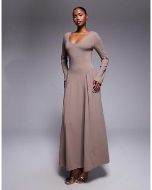 ASOS Scoop Neck Long Sleeve Drop Waist Midi Dress - Brown