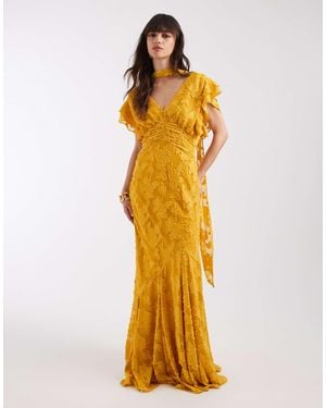 Pretty Lavish V Neck Frill Jacquard Godet Maxi Dress - Metallic