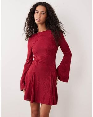 ASOS Satin Floral Jacquard Mini Flippy Flare Sleeve Dress With Open Back Detail - Red