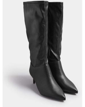 Yours Clothing Faux Leather Pointed Kitten Heel Boots - Black