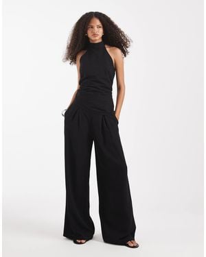 ASOS Linen Blend Wide Leg Pleated Front Pants - Blue