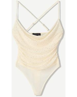 Bershka Strappy Mesh Bodysuit With Rhinestones - White