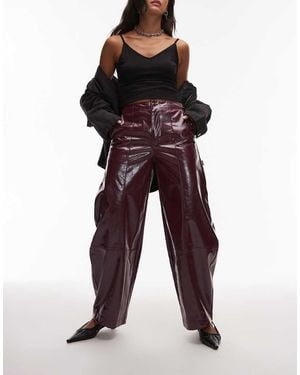 ASOS Faux Leather Barrel Leg Trousers With Tab Detail - Red