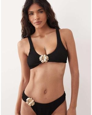 The Frolic Exclusive Crinkle Metal Flower Trim Scoop Neck Bikini Top - Black
