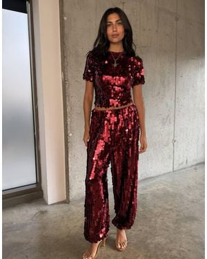 Never Fully Dressed Sequin Short Sleeve Crop T-Shirt Co-Ord - Red