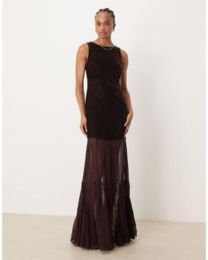 ASOS Asos Design Tall Drop Waist Velvet Maxi Dress With Sheer Godet Skirt - Brown