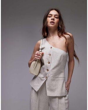 TOPSHOP Linen Striped One Shoulder Top - Grey