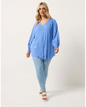 Yours Clothing Dobby Long Sleeve Top - Blue
