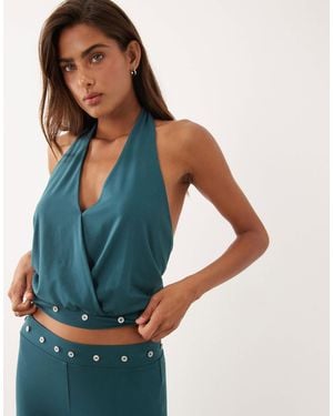 ASOS Modal Balloon V Neck Cross Over Top Set With Fitted Hem And Stud Trims - Blue