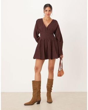 ASOS Corduroy V Neck Mini Dress With Shir Waist - Brown