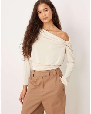 ASOS Modal Long Sleeve Top With Bubble Hem & Knot Detail - Natural