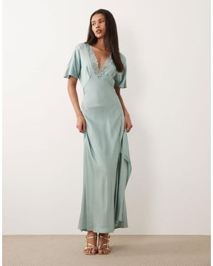 Vila Lace Trim V-neck Satin Maxi Dress - Green