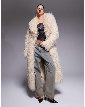 The Frolic Exclusive Oversized Collar Mongolian Faux Fur Maxi Coat - Grey