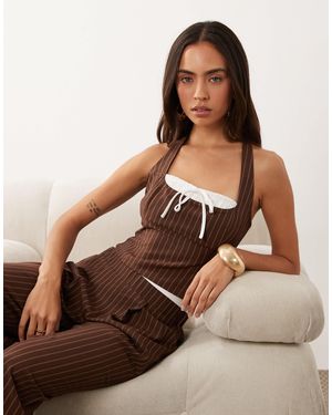 The Frolic Exclusive Halterneck Contrast Tie Front Detail Top - Brown