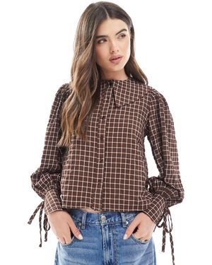 Wednesday's Girl Plaid Print Collar Detail Blouse - Brown