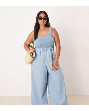 ASOS Asos Design Curve Soft Denim Wide Leg Jumpsuit With Shirred Body - Blue
